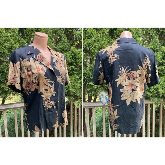 Tropical Trade Winds Tops - NWT Size M Tropical Trade Winds Hawaiian Aloha Shirt Silk 100% Black Floral